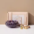 Amethyst crystal lotus incense burner set with brass holders and sandalwood sticks - Amethyst Set / Incl. Base+2 Holders+Incense+Gift Box