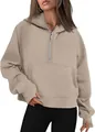 Sweat-shirt à capuche beige quart de zip pour femme avec poche et passe-pouces - S / Hauts / Kaki