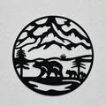 Modern circular black metal wall art featuring a bear family and mountain landscape - Bear