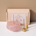 Pink crystal lotus incense holder set with gold leaf and metal inserts for home decor - Rose Quartz Set / Incl. Base+2 Holders+Incense+Gift Box