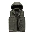 Men's olive green hooded fleece-lined cargo vest with multiple functional pockets - Army Green / M