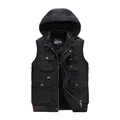 Men's premium black fleece-lined hooded cargo vest with multiple pockets for outdoors - M / Tops / Black Blue