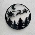 Circular black iron wall art featuring a laser-cut Christmas Santa and reindeer scene - Flying Reindeer