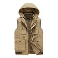 Men's khaki hooded fleece-lined outdoor cargo vest featuring functional multi-pocket design - Khaki / M