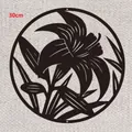 Round 30cm black laser-cut metal wall art featuring a minimalist lily flower design - Flower A