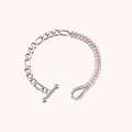 Roestvrijstalen armband met zilveren schakelketting en dubbele rij roze kristallen - Gesplitste OT-sluitingstijl (B0232) / Zilver + Roze