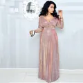 Robe longue plissée scintillante à manches longues et ceinture assortie pour soirée élégante - Rose / S