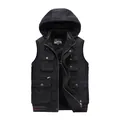 Warm men's black hooded fleece cargo vest with multiple utility pockets and zip closure - Black Blue / M