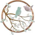 Modern circular metal wall art featuring birds and colorful leaves in blue and white - Bird 8