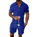 Completo uomo blu in maglia a nido d'ape con polo con zip e pantaloncini casual - Blu Zaffiro / Taglia M