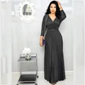 Robe longue plissée noire pailletée à manches longues avec ceinture assortie pour femme - Noir / S
