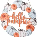 Autumn pumpkin wreath wall decor with Hello Pumpkin sign for seasonal home decoration - Metal Pumpkin