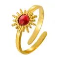 Elegant golden stainless steel adjustable ring featuring a red stone sunburst design motif - Sunflower Red Main Stone (GJ083)
