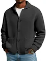 Close-up detail of a men's dark grey waffle knit cardigan featuring three black buttons. - Black / S