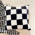 Luxury black and white checkered faux rabbit fur square pillow case for sofa decor - Pillowcase Only (45x45cm) / Faux Rabbit Fur Checkerboard
