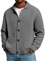Close-up of men's grey waffle-knit lapel cardigan jacket with large black buttons. - Gray / S