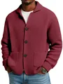 Close-up of men's burgundy waffle knit jacket featuring lapel collar and buttons - Red / S