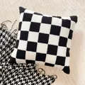 Elegant black and white checkered plush cushion cover featuring soft faux rabbit fur texture - Pillowcase Only (45x45cm) / Embroidered Checkerboard