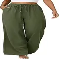Vue détaillée d'un pantalon large en coton et lin vert olive pour femme avec cordon - S / Bottoms / Vert Militaire
