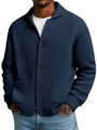 Men's navy waffle knit cardigan jacket with lapel collar and dark buttons for autumn - Dark Blue / S