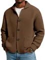 Detail view of brown waffle knit cardigan with textured fabric and buttons for men - Coffee / S