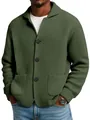 Close-up of men's olive green waffle knit cardigan with lapel collar and buttons. - Army Green / S