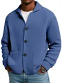 Close-up detail of a blue waffle-knit men's cardigan with lapels and black buttons - Sapphire Blue / S