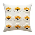 White square pillow cover with nine tufted orange flower motifs and textured embroidery - Happiness Tree