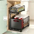 Black 2-tier pull-out under-sink cabinet organizer with sliding drawers - L-Shaped Double Layer Foldable Sliding Rack / Black