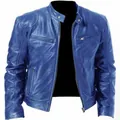 Giacca da uomo in ecopelle blu slim-fit con colletto alla coreana e cerniere moda - Taglia S / Top / Blu zaffiro