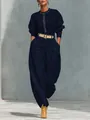 Elegante set due pezzi da donna blu navy con top minimalista e pantaloni harem a gamba larga. - Taglia S / Top E Pantaloni / Blu navy