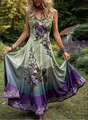 Vue complète d'une robe longue bohème sans manches avec d'élégants motifs floraux violets. - Vert olive / 1XL