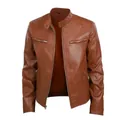 Giacca da uomo slim fit in pelle sintetica marrone con colletto alla coreana - Taglia S / Top / Kaki