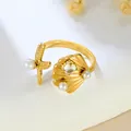 Elegant gold plated stainless steel open ring featuring a shell and starfish with pearls - Starfish Shell Pearl (GJ102)