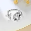 Elegant silver stainless steel open ring featuring a starfish seashell and pearls - Ocean Theme Pearl (GJ102)