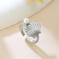 Elegant silver stainless steel seashell ring featuring a white pearl, adjustable open band - Scallop Shape Pearl (GJ103)