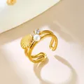 Elegant gold plated stainless steel open ring with seashell pearl and crystal accents - Double Line Scallop Pearl (GJ104)