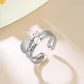 Elegant silver stainless steel open ring featuring sea shell, pearl, and clear zirconia - Irregular Double Ocean (GJ104)