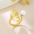 Elegant gold-plated ginkgo leaf ring with white pearl, adjustable open band design - Ginkgo Leaf Pearl Combo (GJ109)