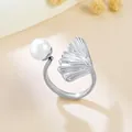 Elegant stainless steel ginkgo leaf open ring with pearl accent - Ginkgo Leaf Artistic Design (GJ109)