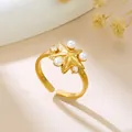 Gold adjustable stainless steel ring featuring a star with pearls and crystals. - Star Pearl Rhinestone (GJ112)