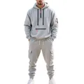 Grey heavy fleece men's tracksuit set with hoodie and multi-pocket cargo pants - S / Top And Bottom / Light Gray