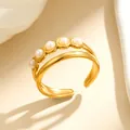 Elegant gold-plated double layer open ring decorated with five small pearls for women - Double Layer Five Bead Bar (GJ115)