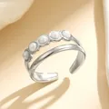 Elegant double-layered silver stainless steel open ring with five small white pearls - Double Layer Pearl Bezel (GJ115)