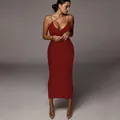 Élégante robe longue rouge avec col en V et fines bretelles pour femmes mode été - Rouge