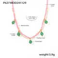 Close-up detail view of pink natural stone beaded necklace with green crystal opal teardrops - P627 - Pinkish-green Faceted Cat's Eye Necklace
