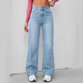 Lichtblauwe jeans met hoge taille en wijde pijpen voor dames in vintage wasstijl - S / Bottoms / Lichtblauw