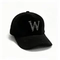 Detailed view of women's black mink hair baseball cap with sparkly rhinestone letter W - Black W / Adult Size Hat Circumference 58cm Adjustable.