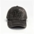 Detailed view of luxury grey faux fur baseball cap featuring a black rhinestone W letter - Gray (Letter W) / Adult Size Hat Circumference 58cm Adjustable.