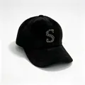 Close-up of black faux mink fur baseball cap with rhinestone letter S detail - S Black / Adult Size Hat Circumference 58cm Adjustable.